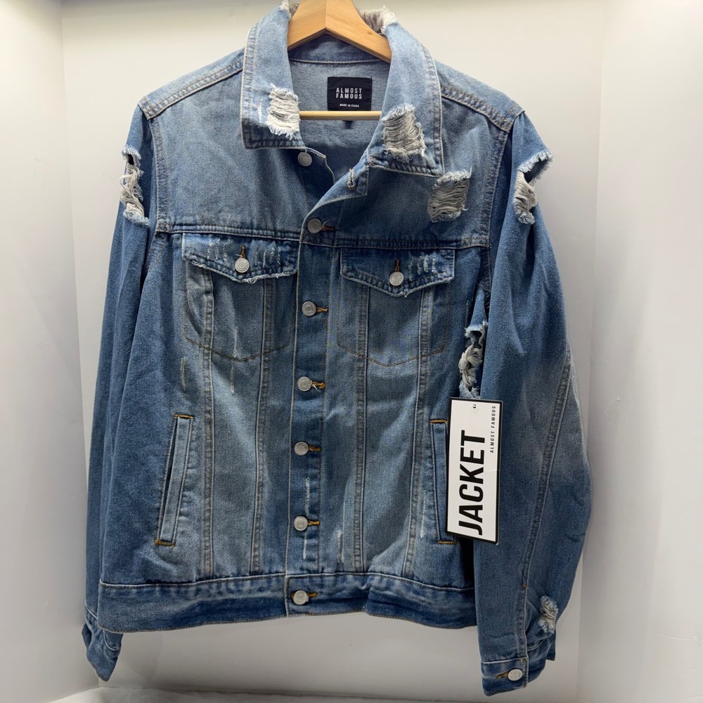 Almost Famous Womens Distressed Denim Jacket Light Wash Ripped 1X J15S-QUX
